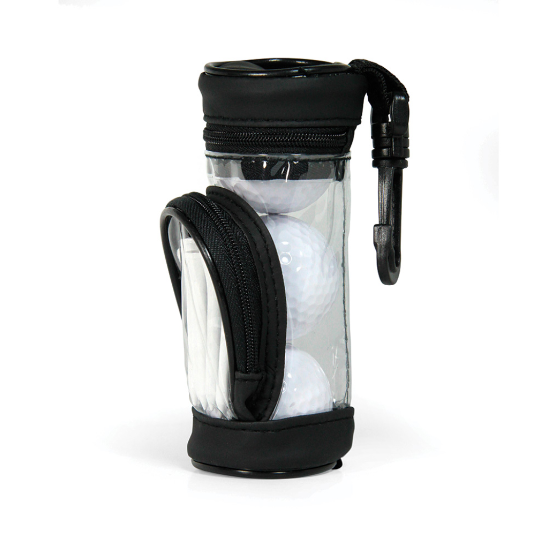 The Mini Golf Bag Ball Combo includes three white golf balls in a transparent cylindrical pouch with a black zipper and trim, featuring a black carabiner clip for easy attachment to your golf bag.