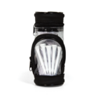 The Mini Golf Bag Ball Combo includes a small, clear cylindrical pouch with a black zipper, featuring a smaller front compartment. Its perfect for storing and displaying white golf tees as an accessory for your golf bag.