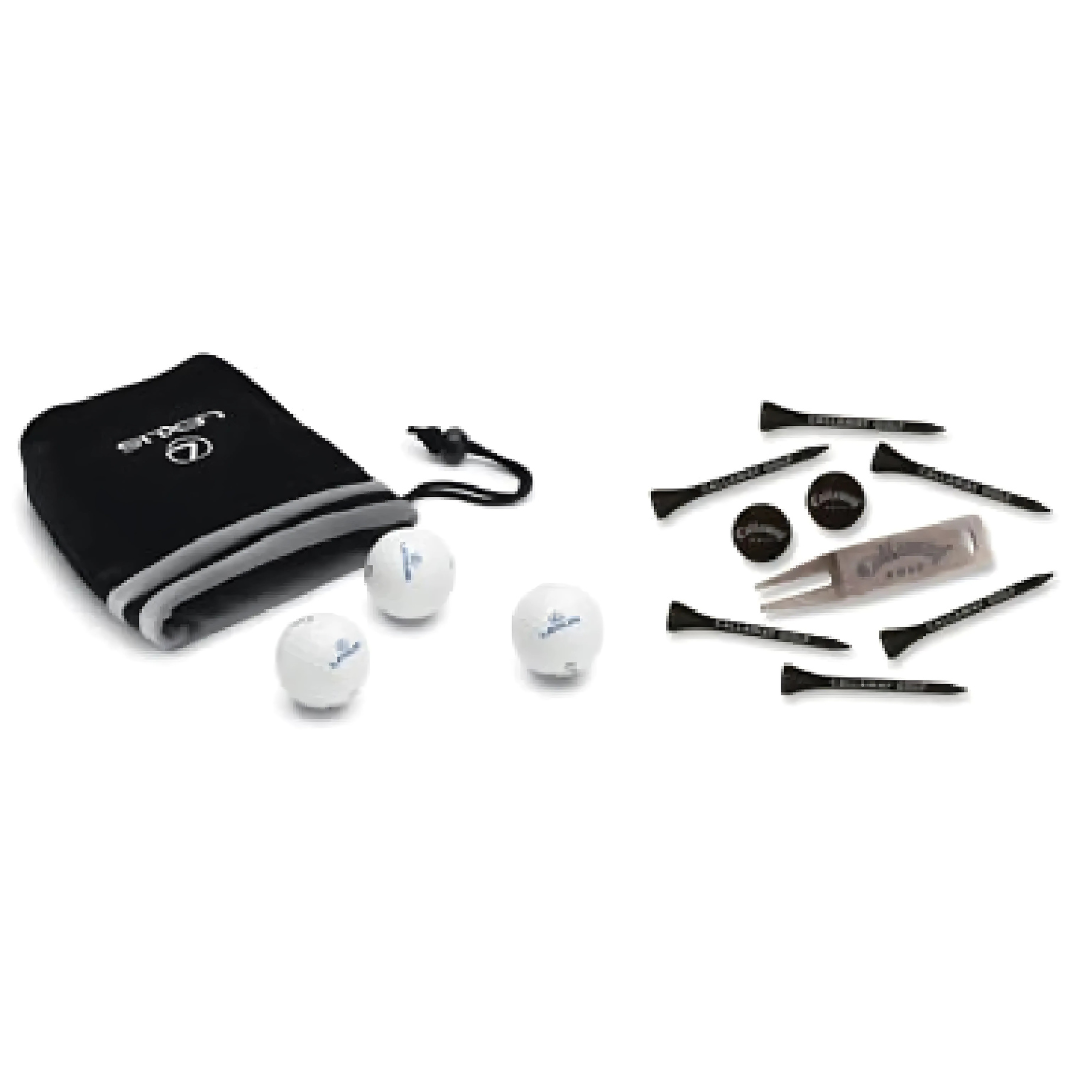 Personalized Callaway 3 Ball Set with tees, divot tool in a black drawstring pouch.