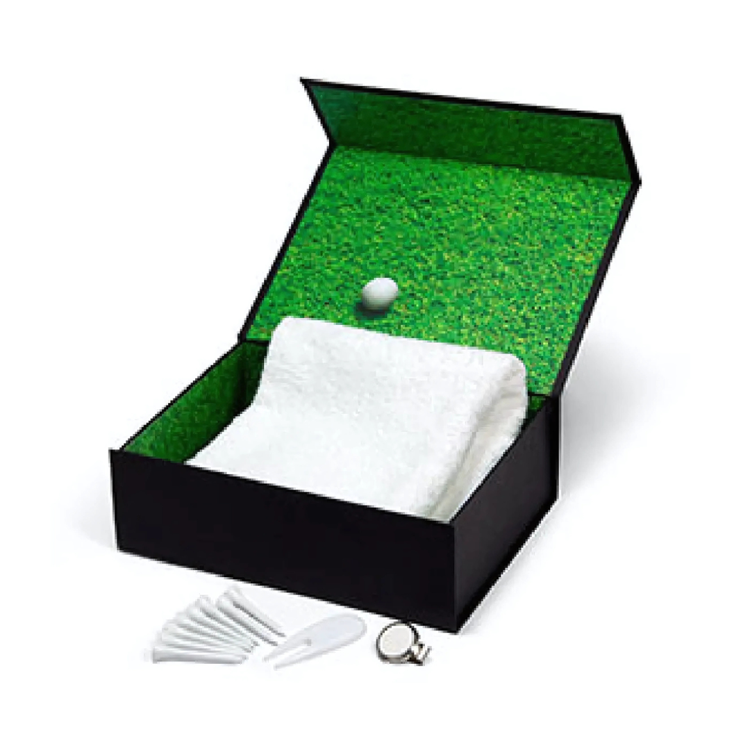Personalised Golf Day Box Set with towel, tees, ball marker, and ball.