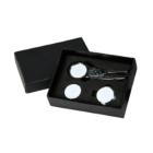 The Professional Clip and Marker Gift Box contains a metal keychain with a retractable feature, two round white discs, and a sleek marker. Its black gift box has a lid slightly angled left, showcasing the neatly arranged items against the black background.