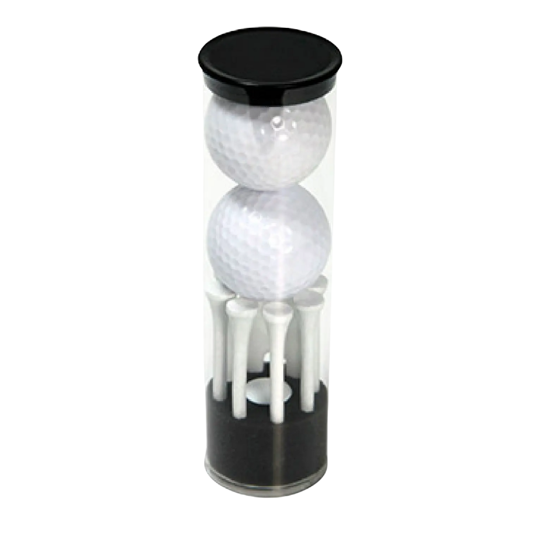 The Two Golf Ball Gift Tower is a transparent cylindrical container with two white golf balls stacked at the top and several white golf tees upright at the bottom, elegantly finished with black caps, making it the perfect golf gift.
