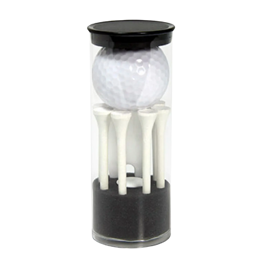 The Unique Branded Golf Tower Box showcases a clear cylindrical container with a white golf ball and eight tees, all on a sleek black base. Finished with a black cap, this stylish set is practical for any golfers collection.