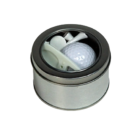 The Yorkton Custom Golf Gift Tin, featuring a sleek silver design with a transparent lid, elegantly displays a Yorkton golf ball and white tees—a perfect blend of style and practicality for any golf enthusiast.