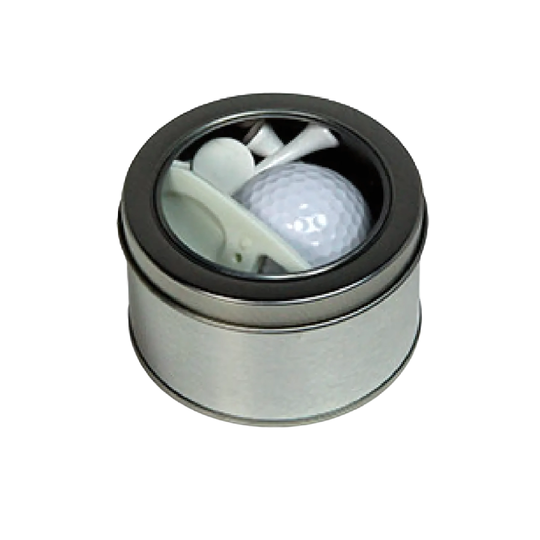 The Yorkton Custom Golf Gift Tin, featuring a sleek silver design with a transparent lid, elegantly displays a Yorkton golf ball and white tees—a perfect blend of style and practicality for any golf enthusiast.