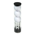 Introducing the Yorkton Printed Golf Ball Tower: a transparent cylinder displaying three white golf balls stacked vertically above neatly arranged golf tees, completed with a sleek black lid and base. Perfect for any sophisticated golfer seeking organization.