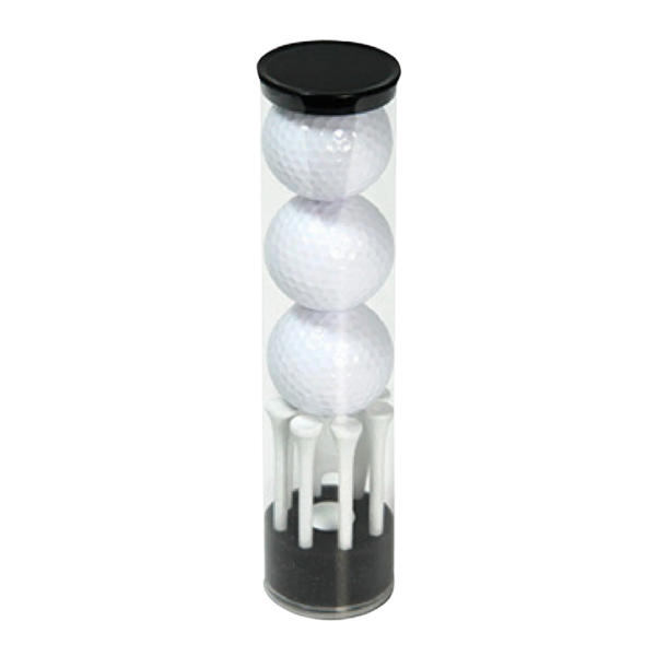 Introducing the Yorkton Printed Golf Ball Tower: a transparent cylinder displaying three white golf balls stacked vertically above neatly arranged golf tees, completed with a sleek black lid and base. Perfect for any sophisticated golfer seeking organization.