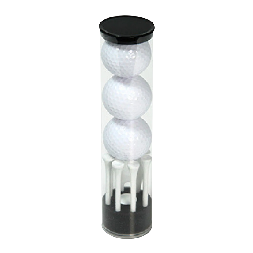 Introducing the Yorkton Printed Golf Ball Tower: a transparent cylinder displaying three white golf balls stacked vertically above neatly arranged golf tees, completed with a sleek black lid and base. Perfect for any sophisticated golfer seeking organization.