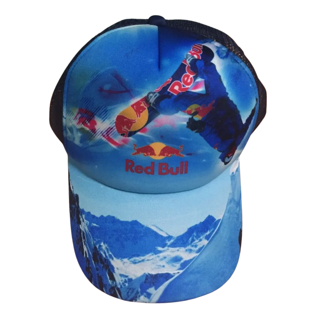Blue Full Colour Printed Cap with Red Bull logo and snowy mountain design.