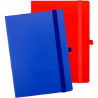 Two closed A5 Hardcover Office Memo books, blue and red, with elastic bands and pen loops.
