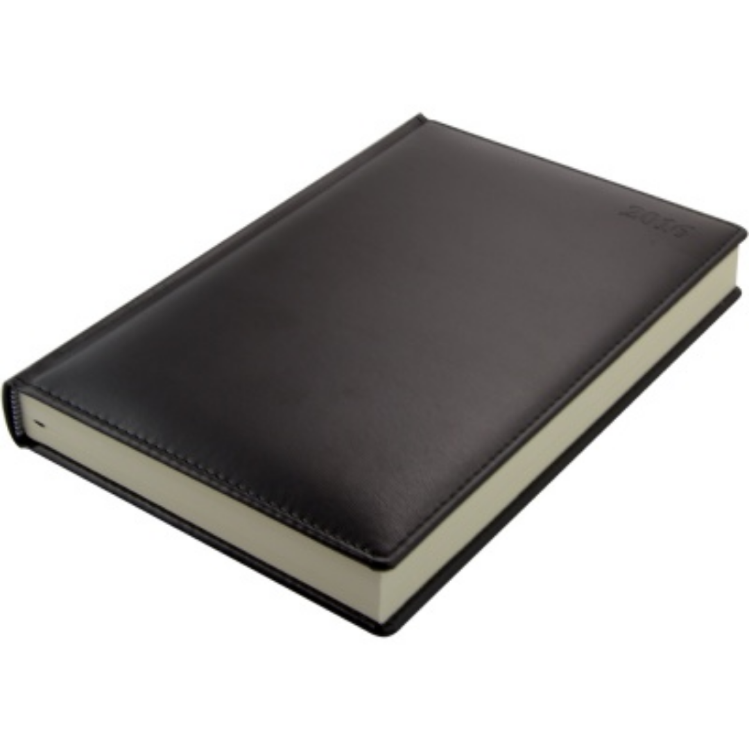 A5 Leather Look Diary, closed with plain cream pages, black cover on white background.