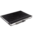Boucher A5 Hard Cover Notebook, black, with elastic band and pencil attached to cover.