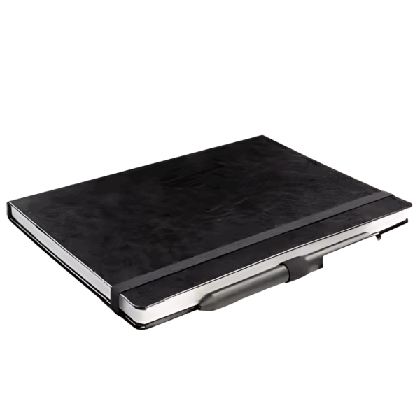 Boucher A5 Hard Cover Notebook, black, with elastic band and pencil attached to cover.