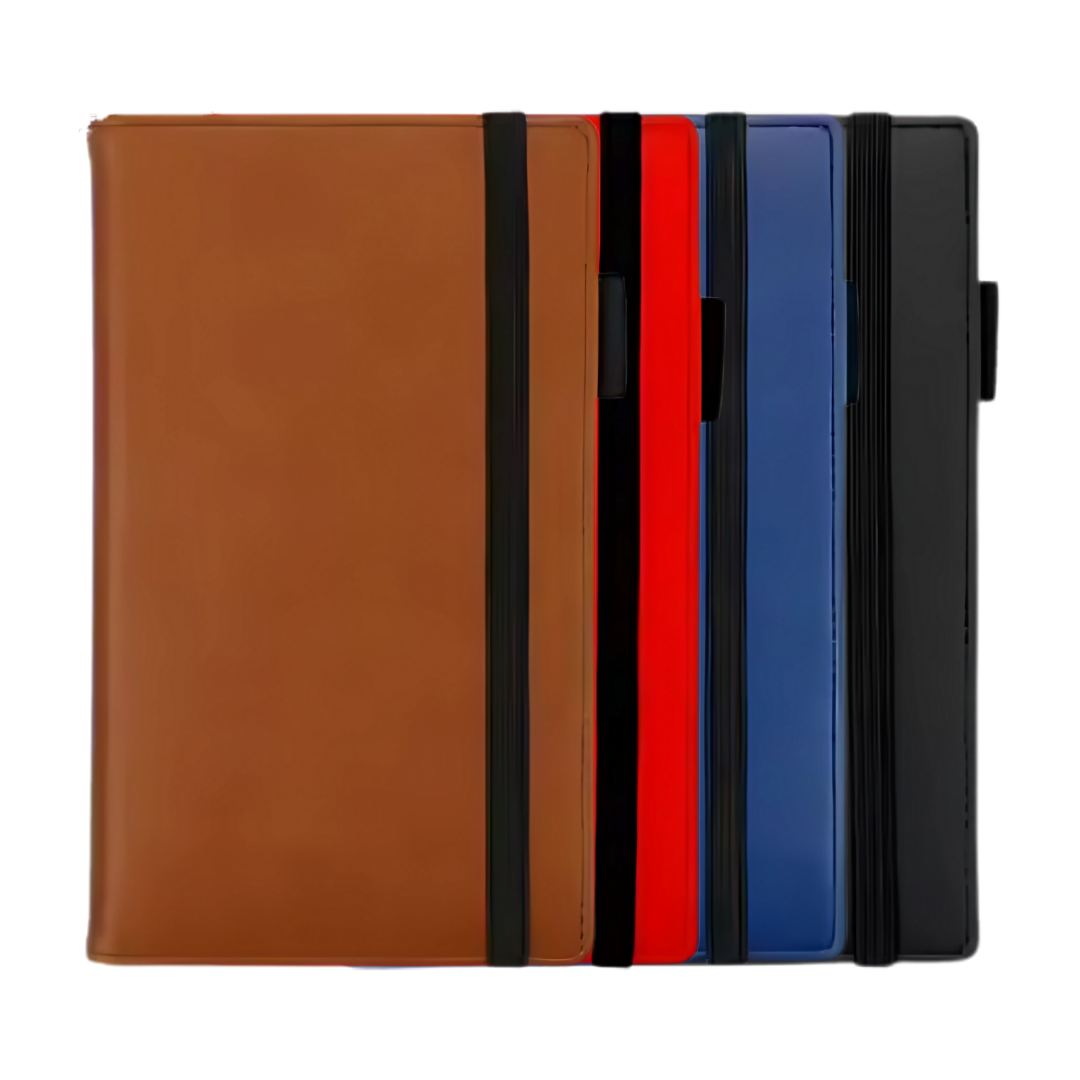 Corporate Notebooks Pocket Style in brown, red, blue & black with black elastic bands.
