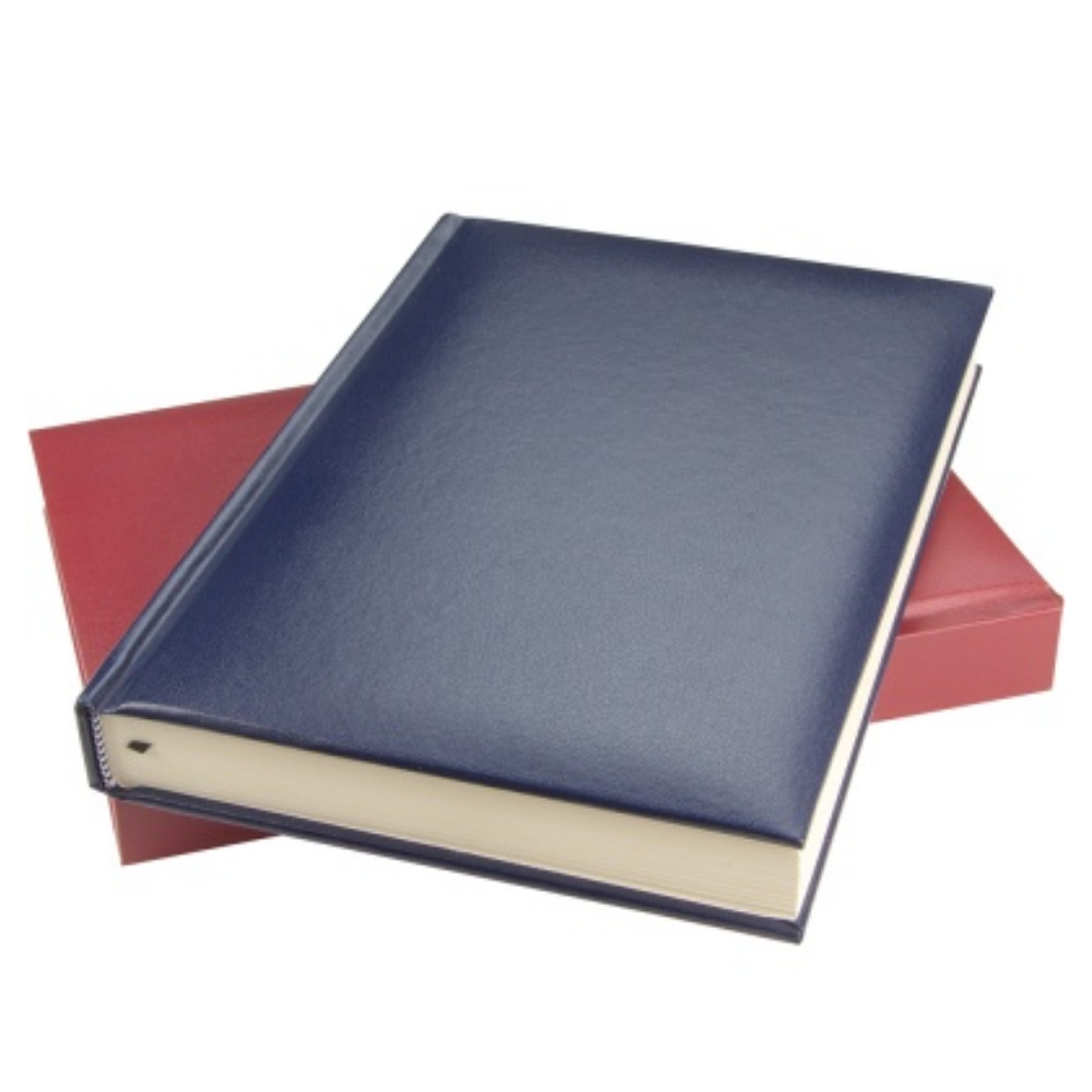A Custom Decorated A5 Diary rests closed on a red book against a white background.