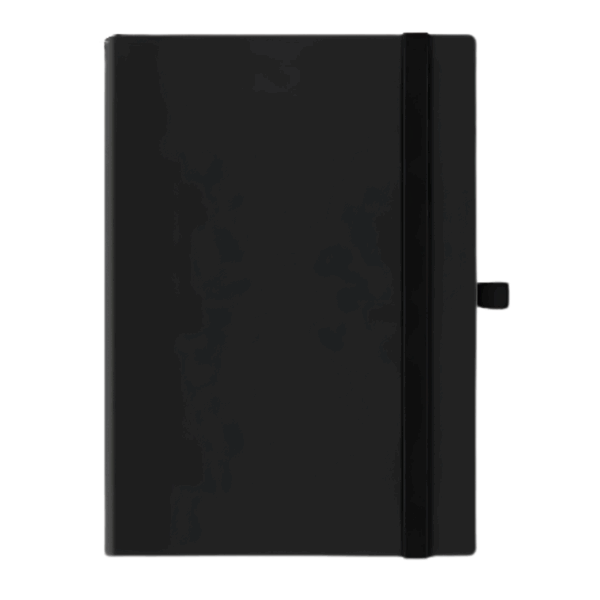 Closed black Economical Alexander A5 Notebooks Ripley with elastic band and right pen loop.