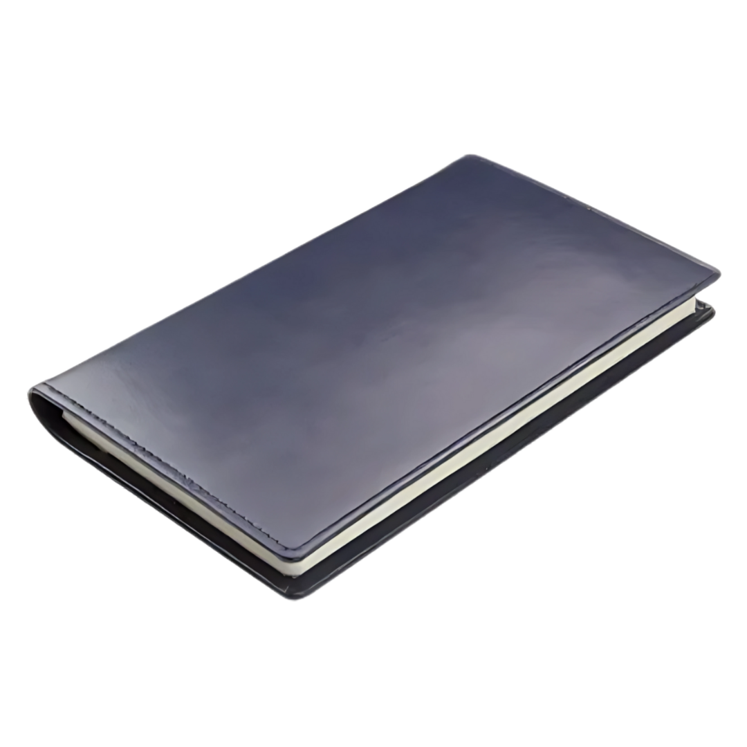 An Event Branded 16 Month Diary in dark blue leather rests on a white background.