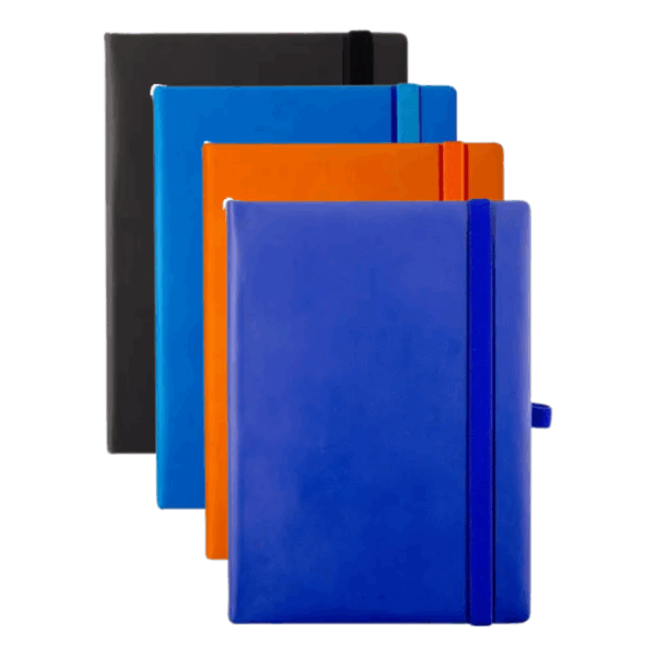 Event Branded Staff Note Books A5 in black, blue, orange, and navy—ideal for events or staff.