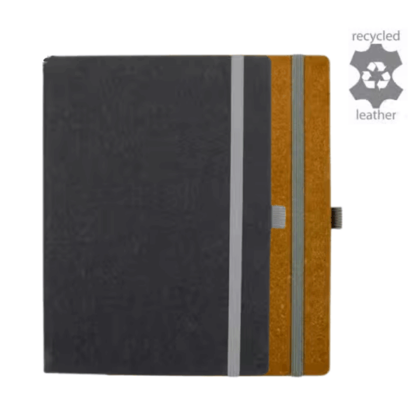 Two Fast Branded Recycled Leather Notebooks, black and brown, with elastic bands and icon.