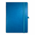 A top-view of a closed Fast Customised A5 notebook in blue with elastic band closure.