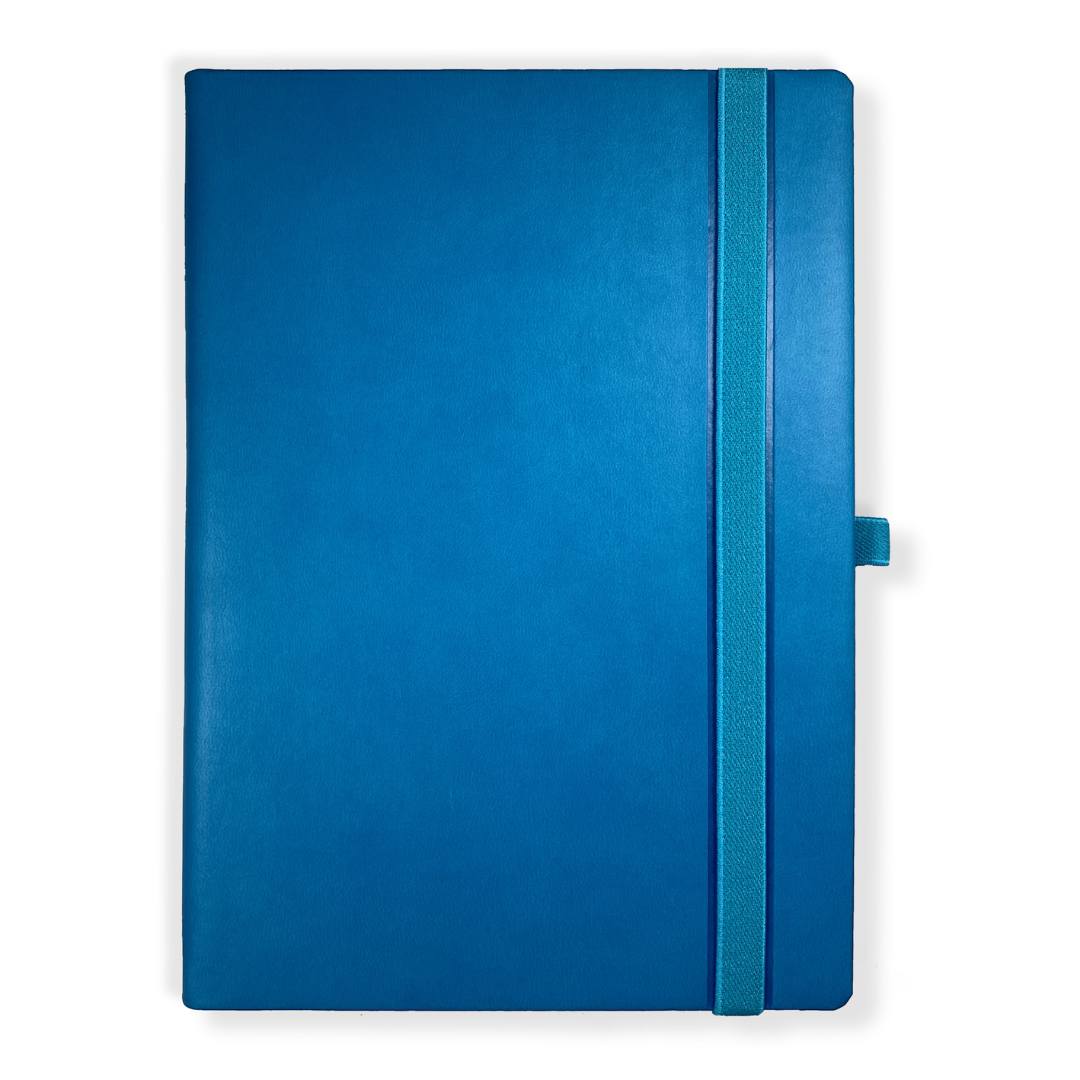 A top-view of a closed Fast Customised A5 notebook in blue with elastic band closure.