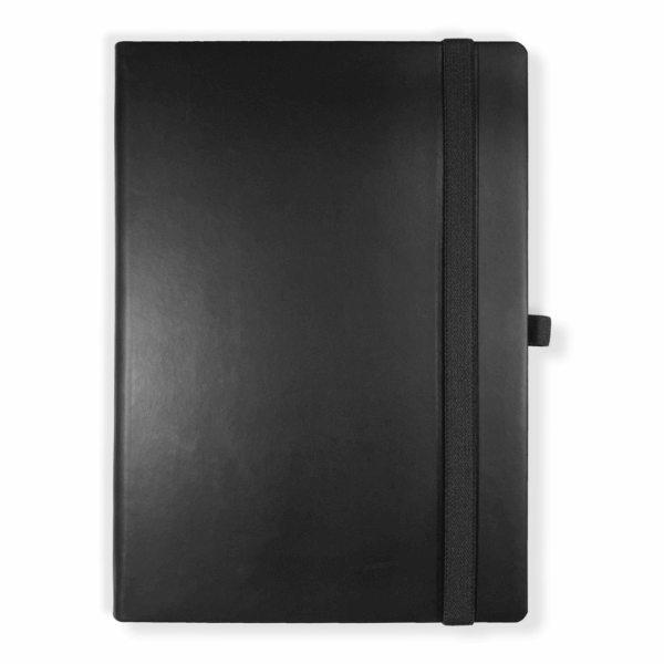 Closed black A5 notebook with elastic band, pen loop, and fast customised notebooks option.