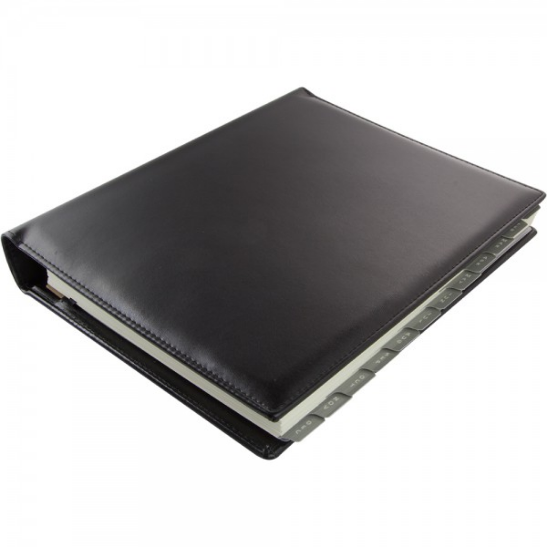 Black binder with tab dividers, perfect for your Halifax Premium Yearly Diary.