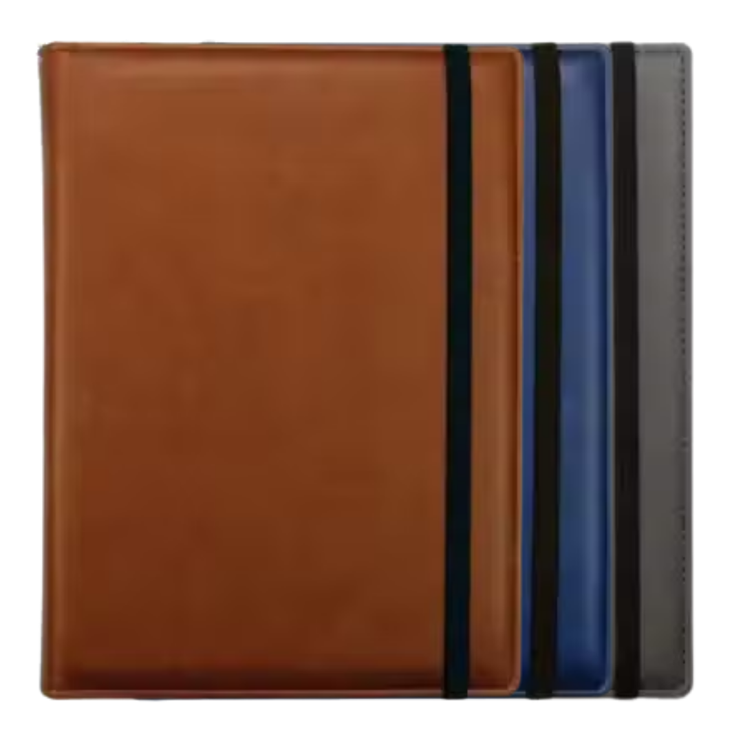 Three Launceston A5 personalised notebooks in brown, blue & gray covers with black elastics.