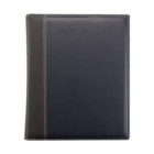 Logo Customised Management Diaries in black leather with textured spine, white stitching, and logo.