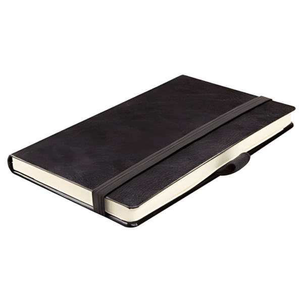 A6 Lunenburg Corporate Ruled Journal in black with elastic, shown on a white background.