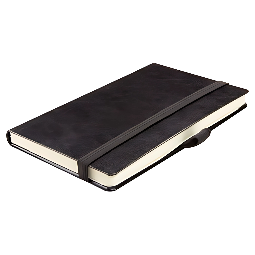 A6 Lunenburg Corporate Ruled Journal in black with elastic, shown on a white background.