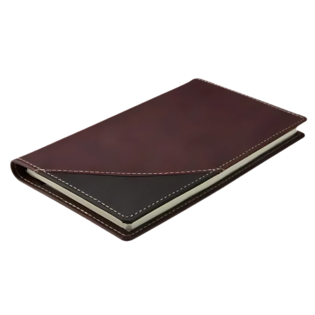 Pocket Diaries Decorated in Bulk, brown leather with white stitching on a white surface.