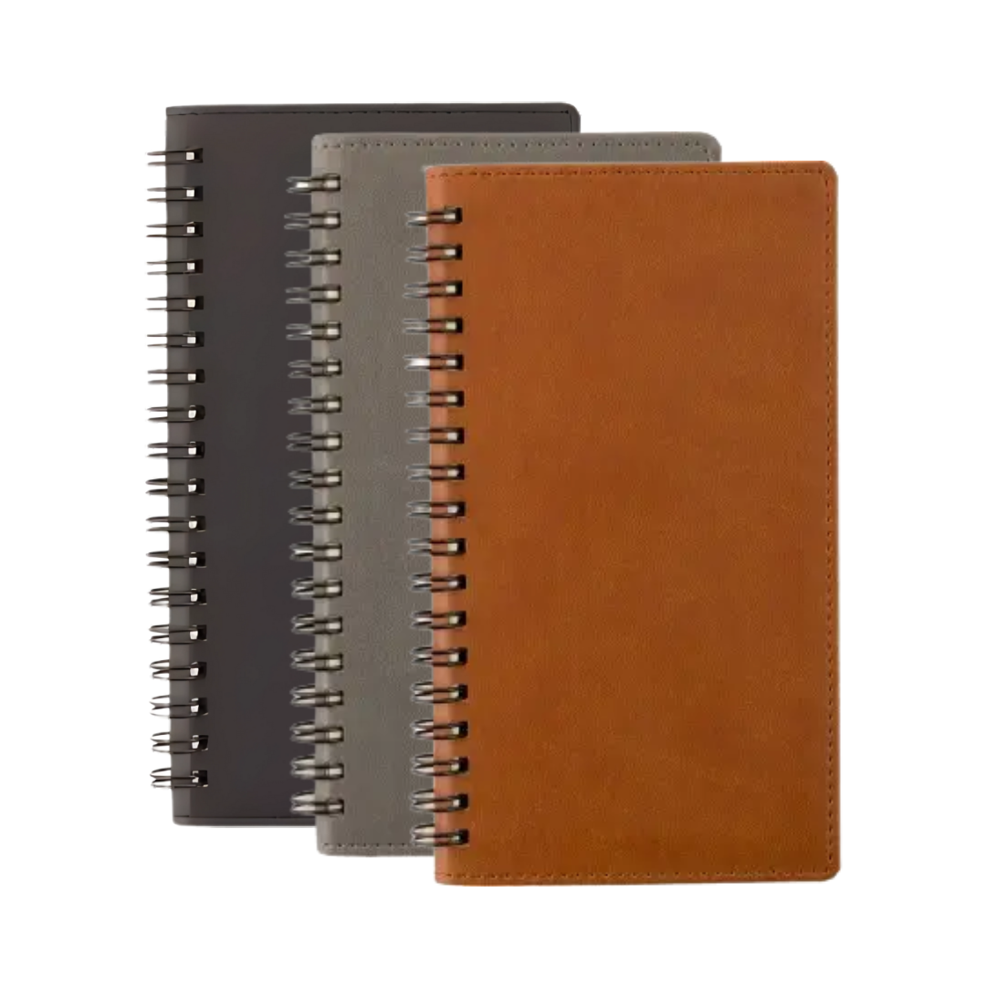 Set of three Pocket Notebooks Logo Decorated in brown, gray, and black, stacked vertically.