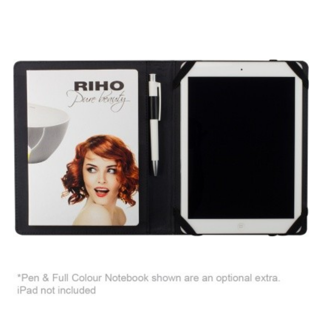 Open black folio with notepad, pen, and space for Premium Tablet Cases Logo Branded; iPad not included.