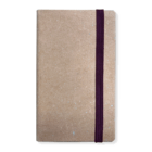 A brown recycled leather notebook with a purple elastic band, branded with your logo.