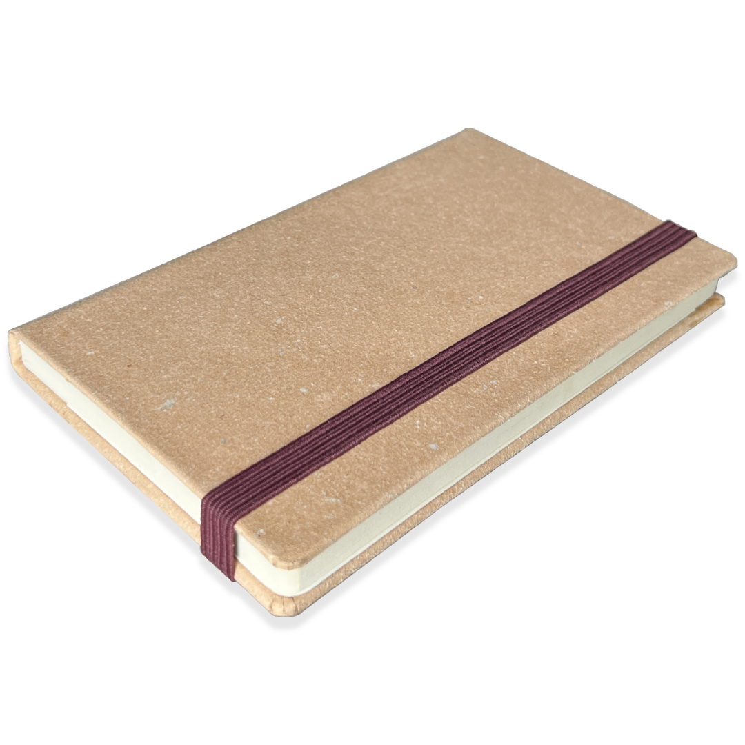 Brown recycled leather notebook with maroon band, customizable with your logo.