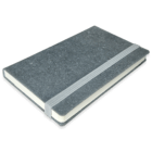 A closed gray Recycled Leather Notebook With Logo Branding lies on a white surface.
