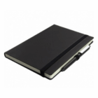 Ruled A5 Notebooks With Logo Print, black, with elastic band and pen on white background.
