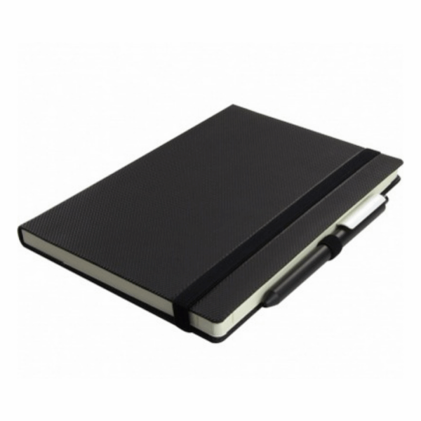 Ruled A5 Notebooks With Logo Print, black, with elastic band and pen on white background.