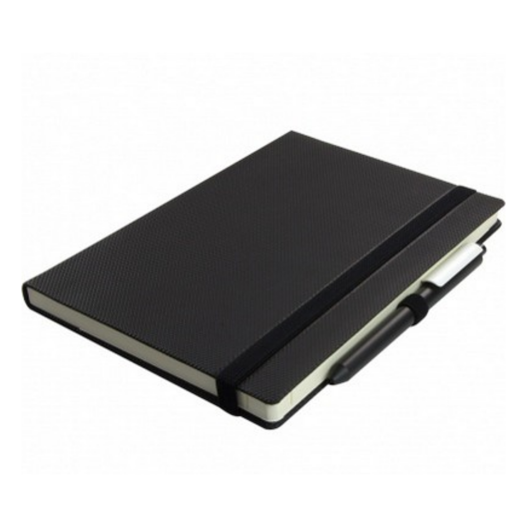Ruled A5 Notebooks With Logo Print, black, with elastic band and pen on white background.