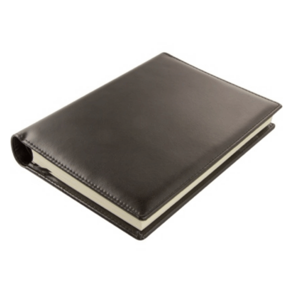 Closed The Kentville Deluxe A5 Diary with black leather cover on a white background.
