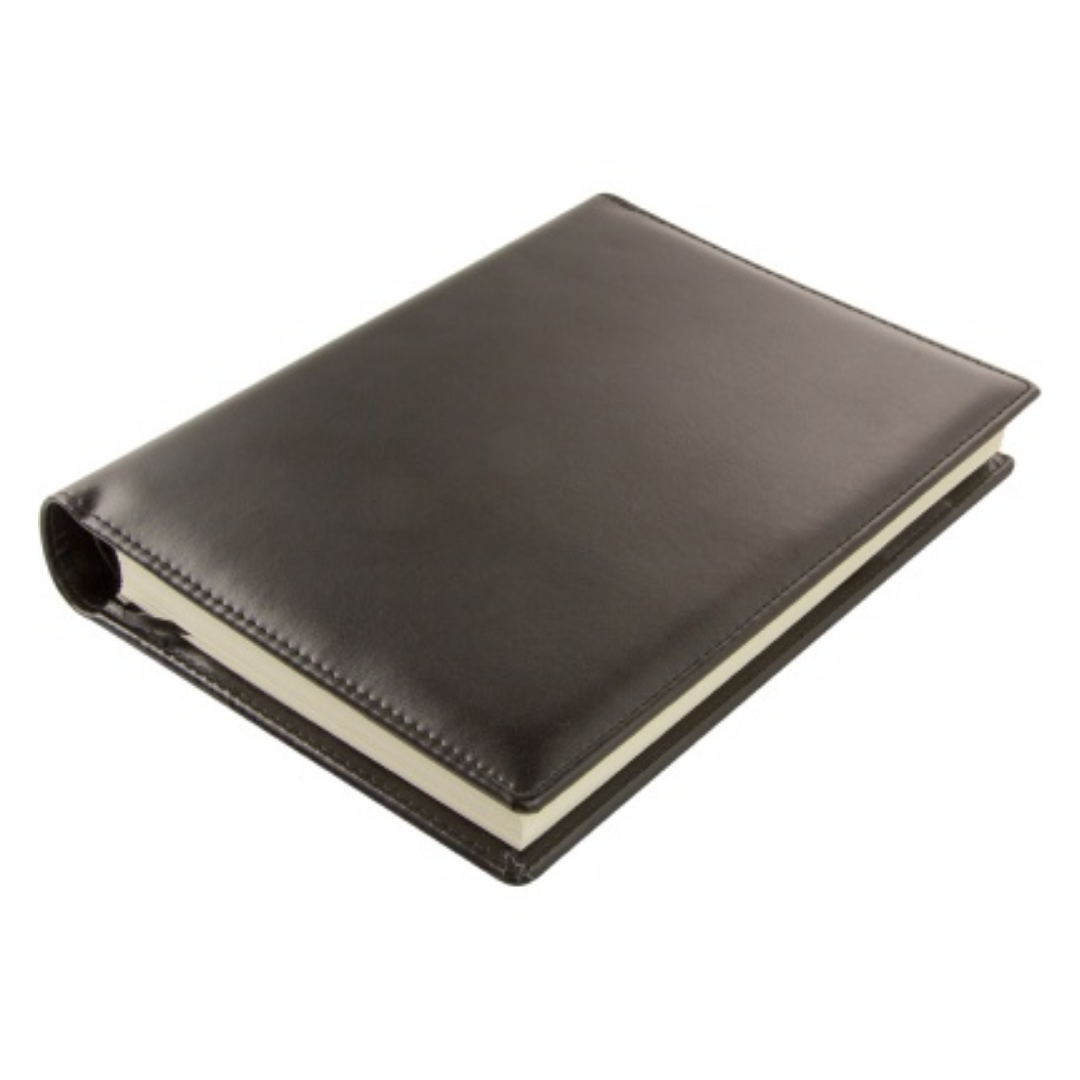 Closed The Kentville Deluxe A5 Diary with black leather cover on a white background.