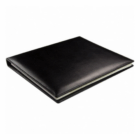 A closed black leather binder for Weekly View Diaries Event Branded rests on a white surface.