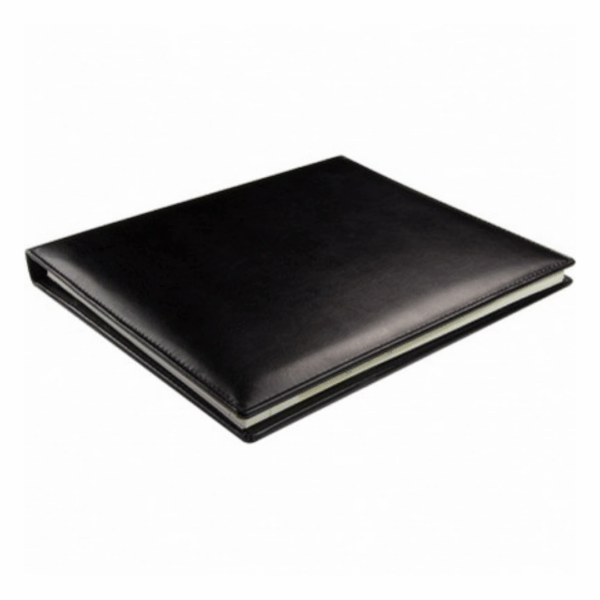 A closed black leather binder for Weekly View Diaries Event Branded rests on a white surface.