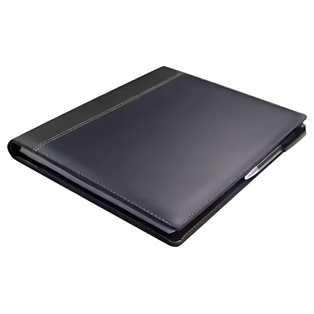 A wirebound black leather Budget Promo Diary with visible stitching on the cover.