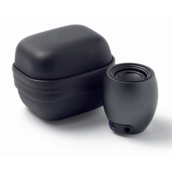 Intense Bluetooth Speaker in black next to its closed carrying case on a white background.