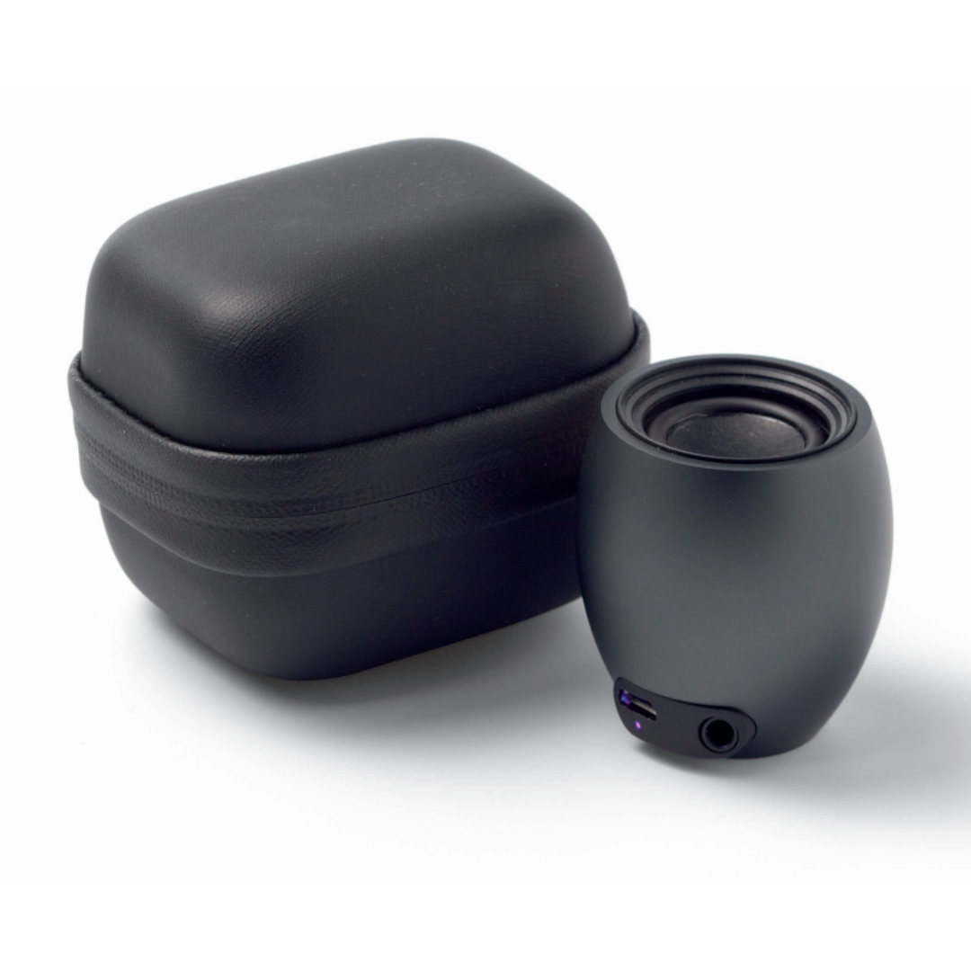 Intense Bluetooth Speaker in black next to its closed carrying case on a white background.