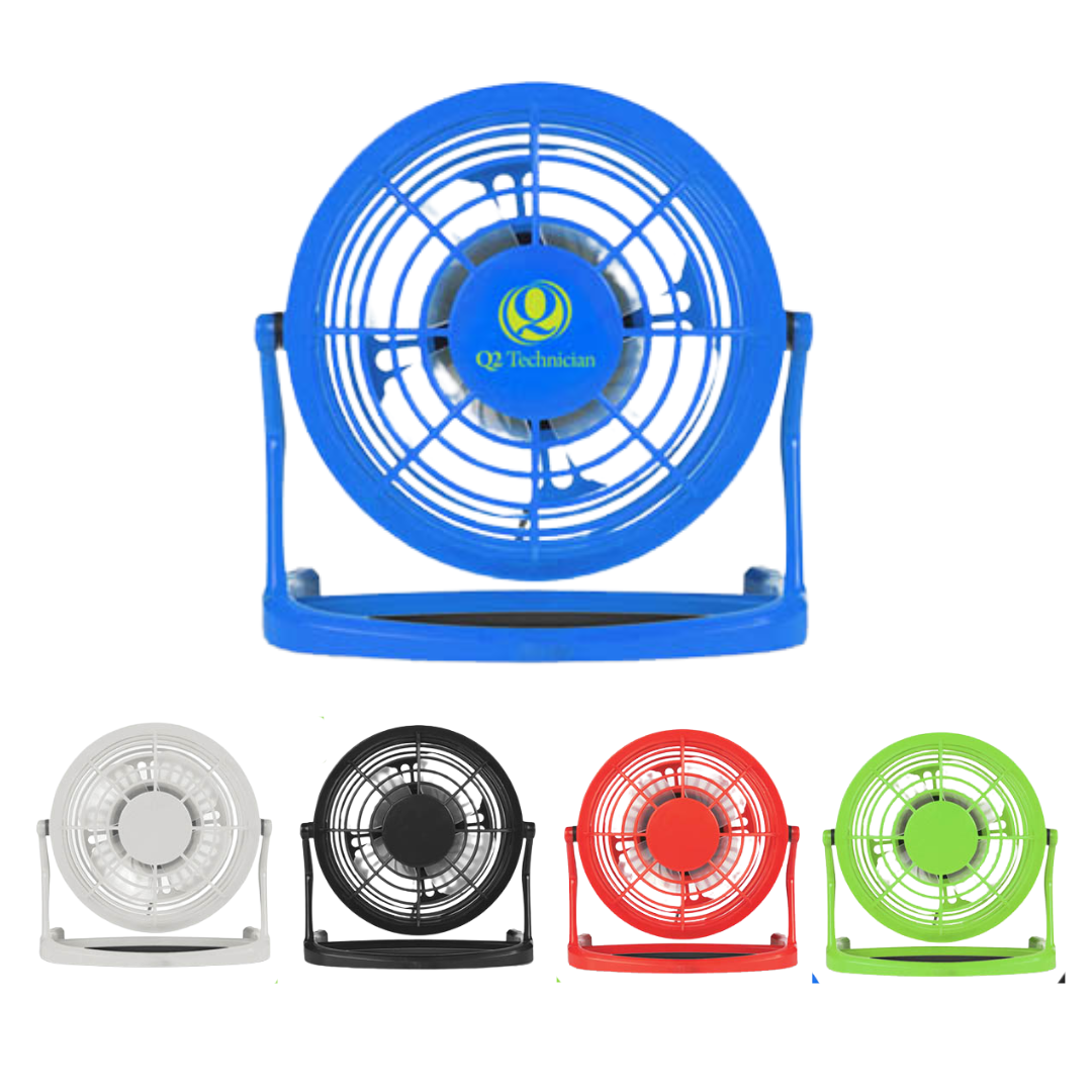 Five Custom Branded USB Fans in blue, white, black, red, and green for your desk.