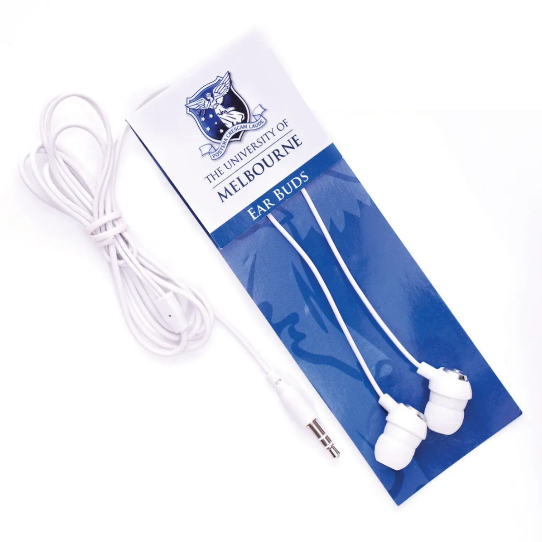 Retail Packed Personalised Earbuds with University of Melbourne branding, blue and white box.