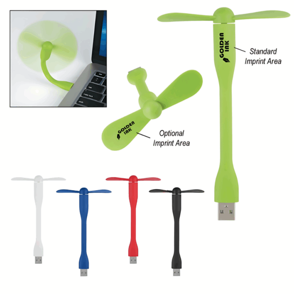 USB Flexi Fans for Summer with standard and optional imprint areas.